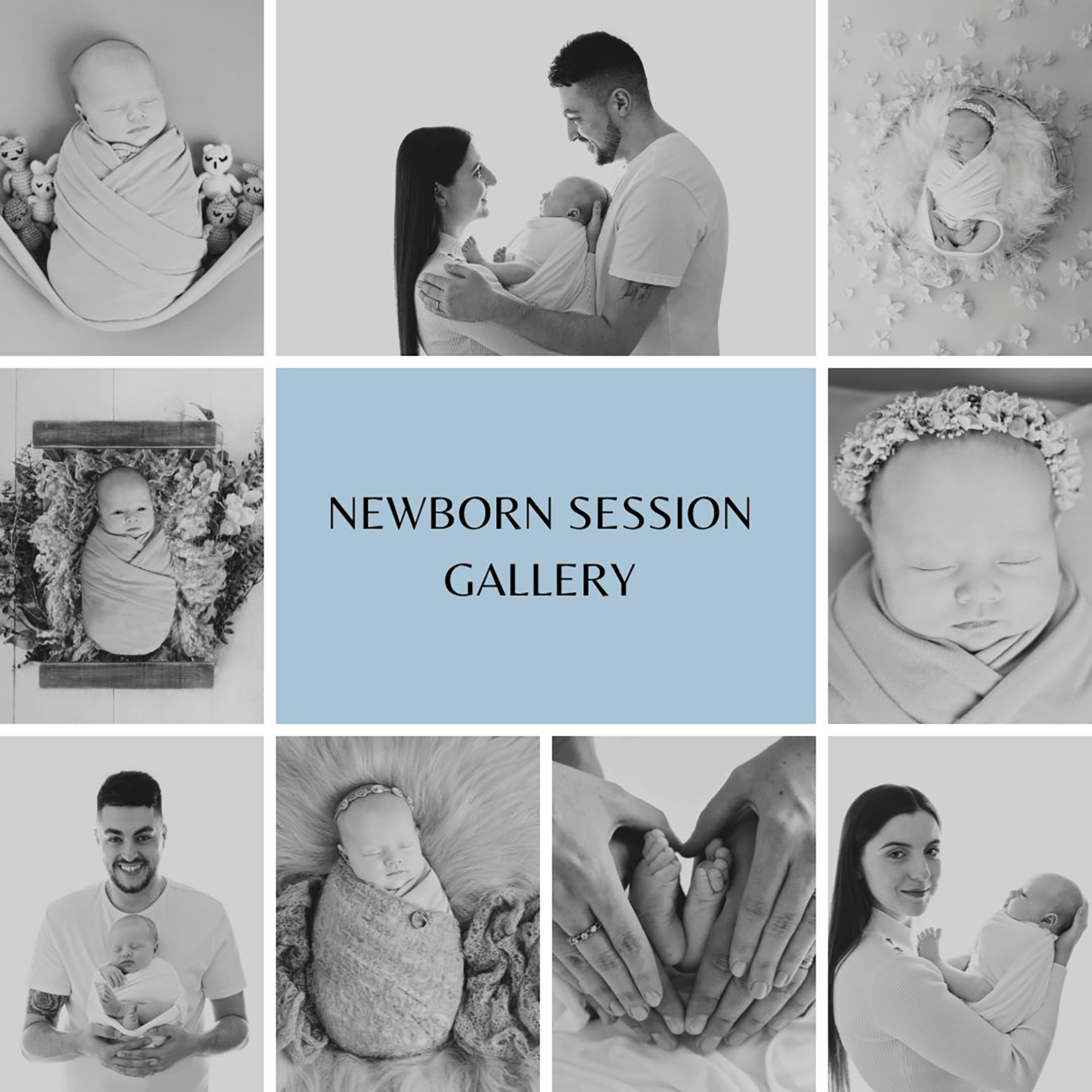 Collage of 9 heartwarming black and white images capturing the precious moments from a newborn photo session, showcasing the beauty and innocence of the newborn baby